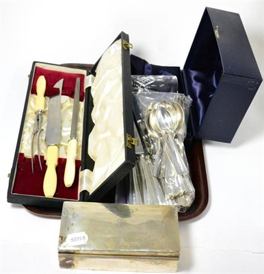 Lot 55 - A silver cigarette box, 1920's ivory handled carving set, Stuart crystal tankard and a quantity...
