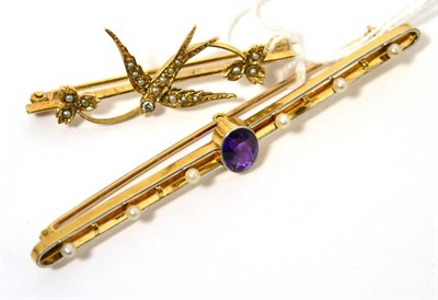 Lot 63 - Diamond seed pearl swallow bar brooch and 18ct platinum fronted pearl and amethyst bar brooch