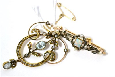 Lot 66 - A rose diamond, pearl and opal French brooch and an aquamarine and split pearl drop pendant