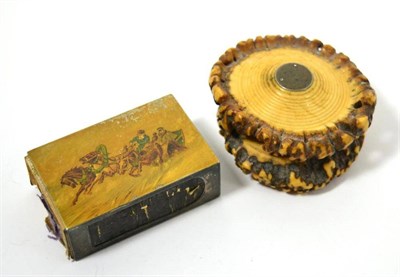 Lot 89 - A Russian white metal match box holder and a Scottish antler box inscribed John Roberts (2)
