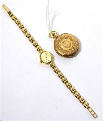Lot 100 - A French 9ct gold ladies fob watch together with a 9ct gold ladies wristwatch on a 9ct gold...