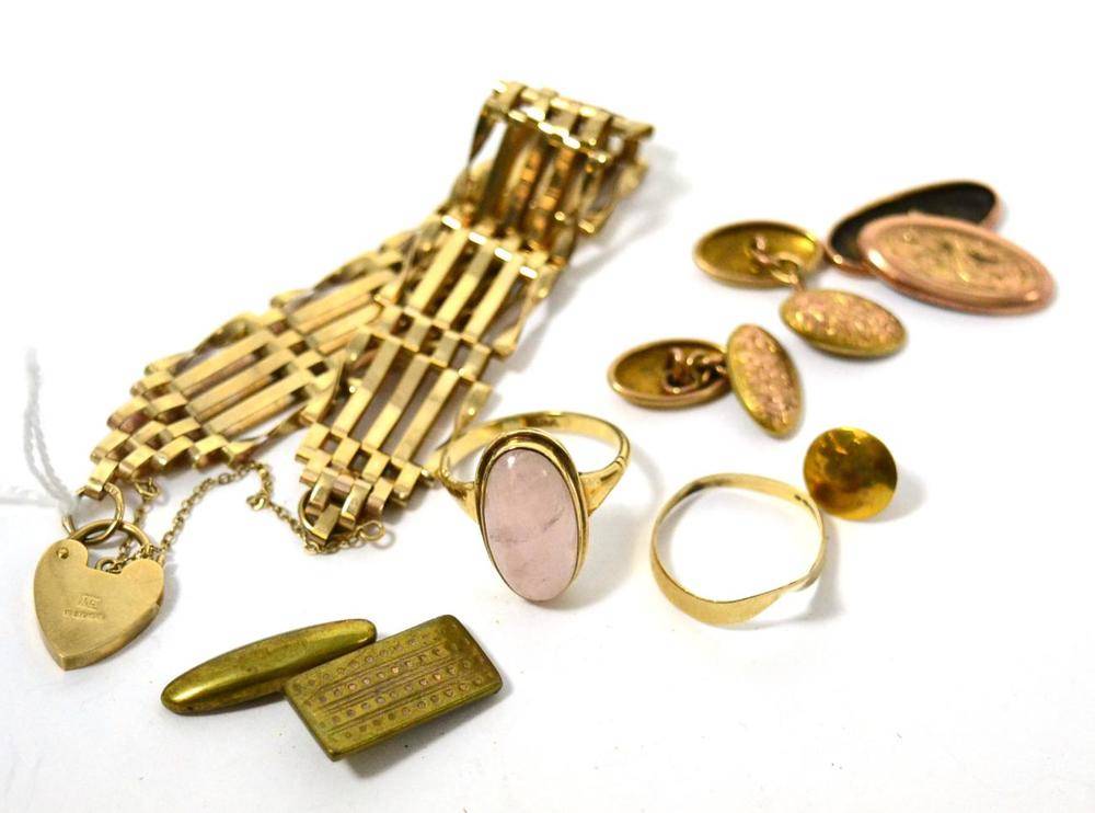Lot 108 - A 9ct gold gate link bracelet, two rings, a pair of 9ct gold cufflinks, a dress stud and a...