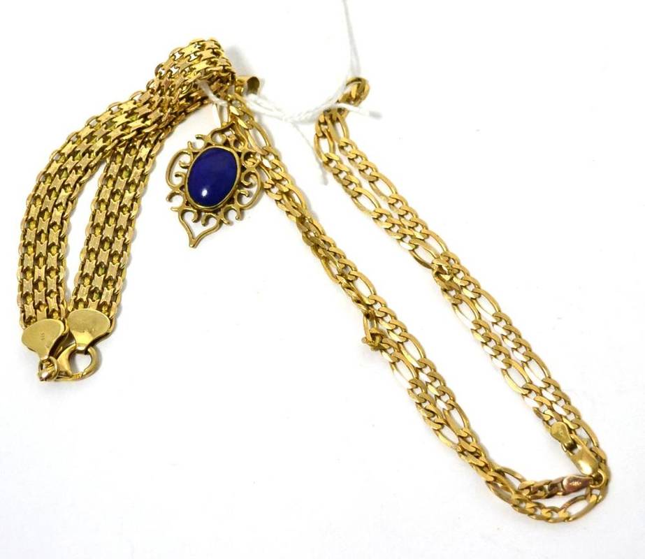 Lot 110 - A 9ct gold figaro link necklace, a 9ct gold fancy link bracelet and a 9ct gold pendant