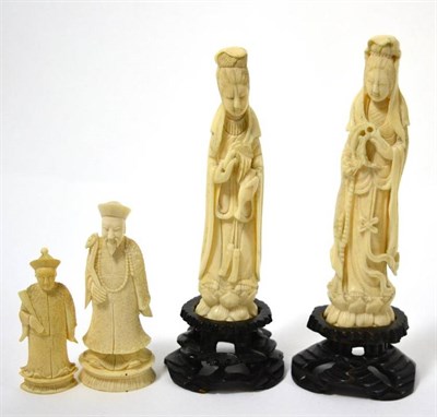 Lot 115 - Two 19th century carved ivory Guanyin figures, on stands, 18cm and 17cm; and two 19th/early...