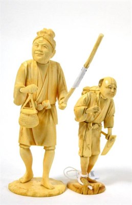 Lot 129 - A Japanese Meiji period carved ivory okimono of a man with staff and basket, signed, 17cm; and...