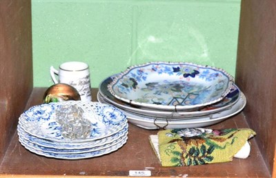 Lot 145 - Four Meissen plates, a Victorian christening mug, Murano paperweight, stone meat plate etc