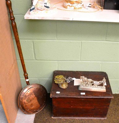 Lot 146 - A copper warming pan, six horse brasses and a brass fire side ornament and a pine silver box