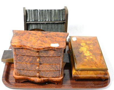 Lot 170 - An Edwardian mantel clock, an Italian music box, a miniature burr yew wood chest and a set of...