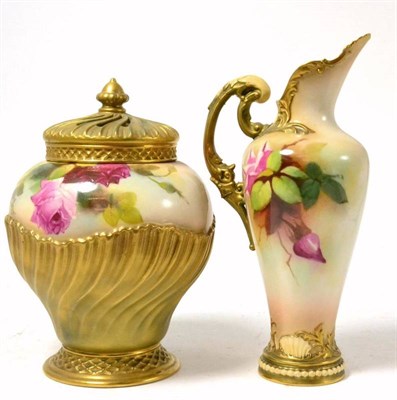 Lot 174 - A Royal Worcester pot pourri jar and cover painted with roses and a similar ewer (a.f)