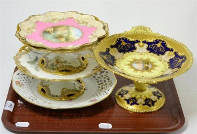 Lot 180 - A Coalport porcelain tazza, painted with an image of Shamley, Surrey and four other items