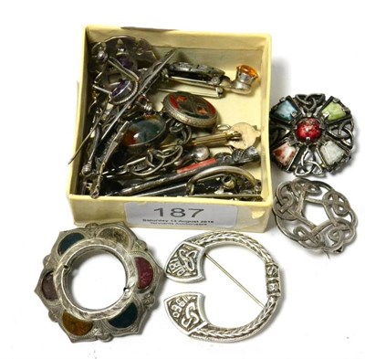 Lot 187 - A group of Scottish and Celtic design brooches and kilt pins, some agate set and silver (some a.f.)