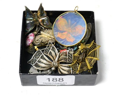 Lot 188 - A group of insect brooches modelled as butterflies, dragonflies, spiders (some silver) etc