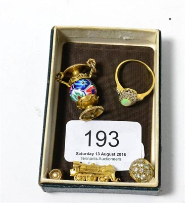 Lot 193 - An opal and diamond set gold ring (marks rubbed), a 9ct gold and enamel urn form pendant, two...