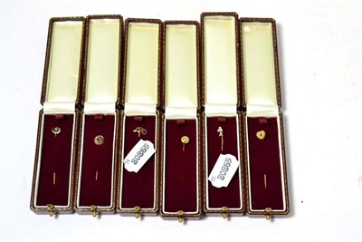 Lot 198 - Six stick pins, one diamond set, some seed pearl set and others gem set (6)