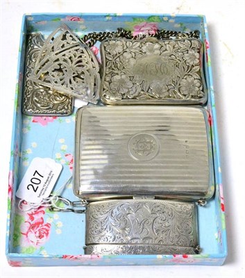 Lot 207 - A German silver purse, floral design; together with an English silver example, a card case; a...