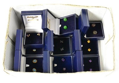 Lot 208 - Nine pairs of gem set stud earrings, including amethyst, garnet and blue topaz (9)