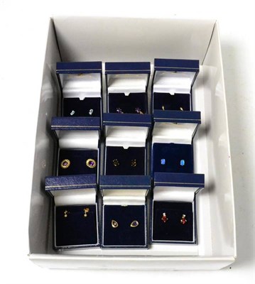 Lot 218 - Nine pairs of gem set stud earrings, including amethyst, garnet and citrine (9)