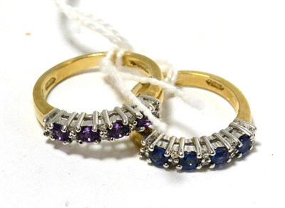 Lot 223 - A 9ct gold amethyst and diamond half hoop ring and a 9ct gold sapphire and diamond half hoop ring