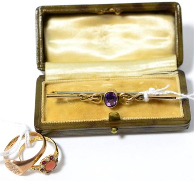 Lot 304 - An 18ct coral and seed pearl ring, together with a 9ct signet ring and an amethyst set bar brooch