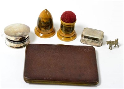 Lot 312 - Two silver boxes, two wooden thimble holders and a leather card holder