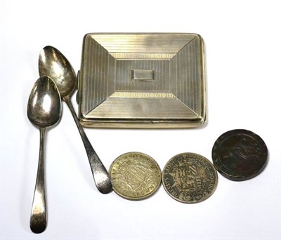 Lot 313 - An Art Deco silver cigarette case Chester 1931 together with two George III teaspoons,...