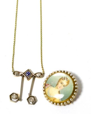 Lot 320 - A sapphire and diamond pendant necklace and a portrait miniature brooch in seed pearl frame