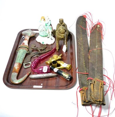 Lot 352 - Two north American sheaths, a porcelain figure, a Nailsee pipe, a pair of 19th century water...