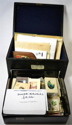 Lot 360 - An ebonised wood box and another box of carte de visites greetings cards, family research...