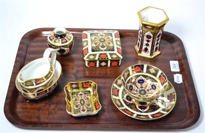 Lot 369 - Seven pieces of Royal Crown Derby Imari pattern, comprising small vase, pin dish, box and...