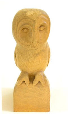 Lot 378 - A Lydon ";Cat and Mouse"; Hammell oak carved owl, carved as a standing owl on a rock work base