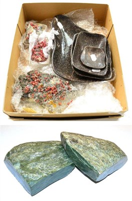 Lot 633 - Three Large Specimens of Realgar Orpiment, Peru; a Pair of Nephrite (hard) Jade Bookends,...