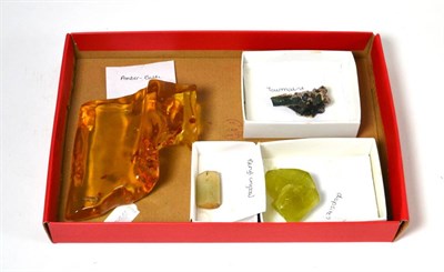 Lot 654 - Four Mineral Specimens, comprising Amber from the Baltic, Tourmaline crystals from Brazil, jade...