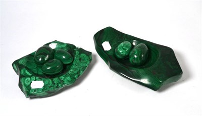 Lot 663 - Seven specimens of malachite, comprising two ashtrays and five eggs, various sizes (7)