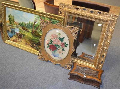 Lot 1038 - An oil on board depicting figures in a woodland scene, a framed tapestry, a modern gilt framed...