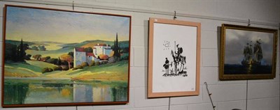 Lot 1048 - Steve Dent, Galleon scene, Picasso print and a Laysiette landscape