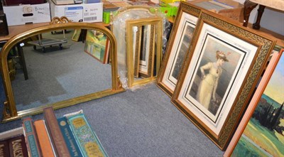 Lot 1051 - A reproduction over mantel mirror, two gilt mirrors and a pair of gilt framed portrait prints (5)