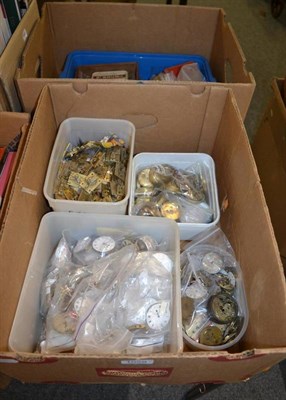 Lot 1059 - A quantity of pocket watch movements, watch dials, platform escapements etc (two boxes)