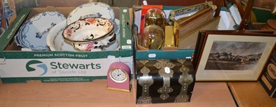 Lot 1068 - A Victorian tea caddy, a brass trivet, four timepieces, table mirror, etc (two boxes)