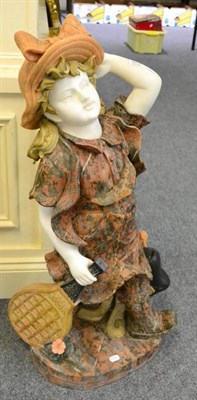 Lot 1074 - A 20th century mixed-marble figure of a bonneted girl holding a racket, plinth base, unsigned,...