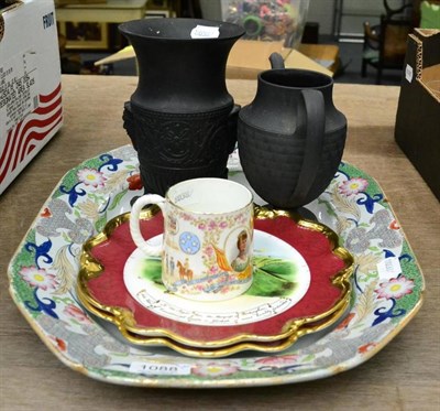 Lot 1088 - Mason's platter, Wedgwood Basalt vase and coffee pot and a pair of commemorative plates etc