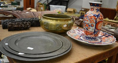 Lot 1093 - An Imari charger and vase together with a Chinese planter and various pewter etc (6)