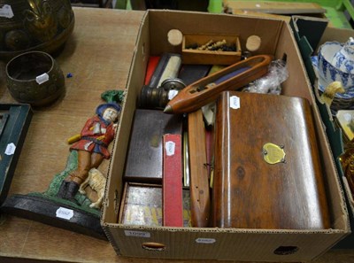 Lot 1099 - Miscellaneous items including a tobacco tin, two shuttles, games, ammonite, drawing...