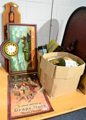 Lot 1155 - A quantity of assorted vintage tins, a modern enamel sign and four reproduction pub signs (qty)