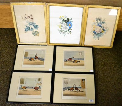 Lot 1181 - A set of four cock fighting prints, hand coloured, Henry Alkin; together with three watercolours of