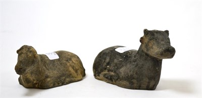 Lot 22 - A Chinese Han Dynasty terracotta model of a recumbent bovine, circa 200BC-200AD, 18cm wide;...