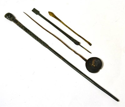 Lot 34 - A Roman decorated bronze spatula, circa 1st-2nd century AD, 20cm long; together with further bronze