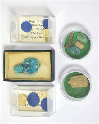 Lot 98 - A collection of Egyptian faience and other composite items, to include scarab beetles, a...