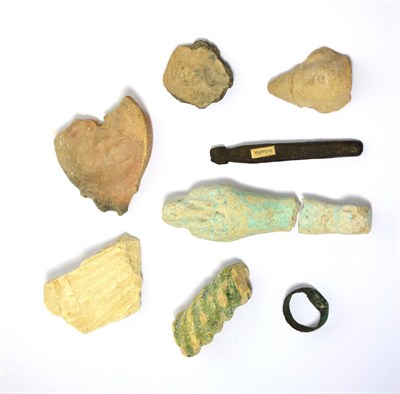 Lot 102 - A collection of ancient items, to include an Egyptian fragmentary faience shabti, an early...