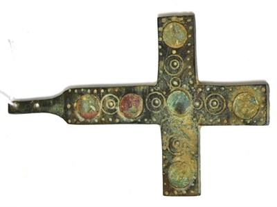 Lot 107 - A large Byzantine style cast bronzed and inlaid cross pendant, decorated with circular punch motifs