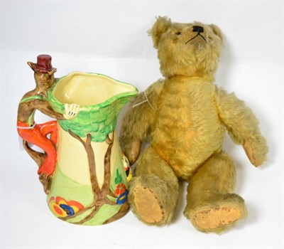 Lot 132 - Mid 20th century yellow plush jointed teddy bear, 40cm, possibly a Chiltern and a Three Little Pigs